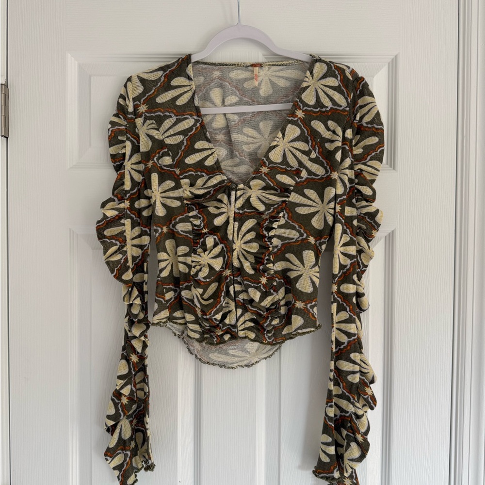 Free People Floral Ruffle Long-Sleeve Top in Olive, Cream & Rust